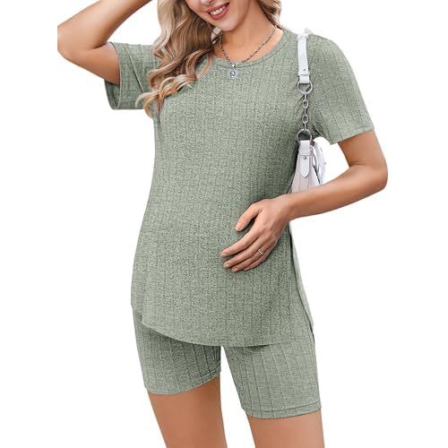Ekouaer Maternity Sets 2 Piece Outfits Ribbed Knit Short Sleeve Shirts and Biker Shorts Pregnancy Loungewear Mama Clothes