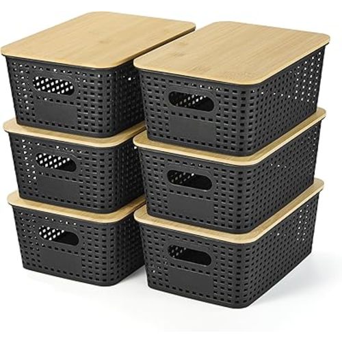 Ohmlove Plastic Storage Baskets With Bamboo Lid - Plastic Storage Containers Stackable Storage bins: Storage Baskets for Organizing Shelves Drawers Desktop Closet Playroom Classroom Office, 6 Pack