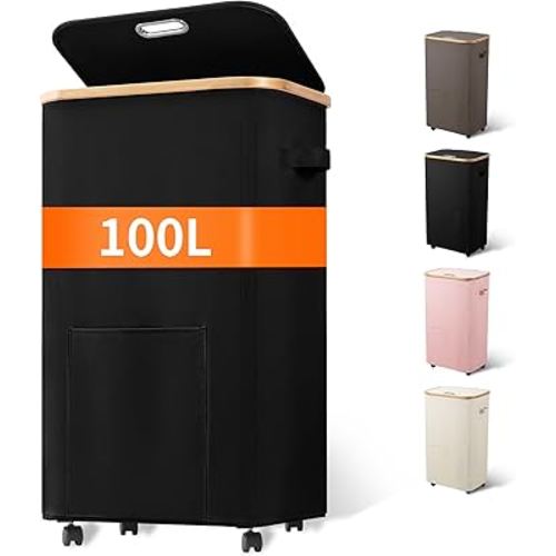 Laundry Basket with Wheels, Tall Dirty Clothes Hamper on Wheels, Rolling Laundry Hamper with lid for Dorm, Bedroom and Bathroom (Black, 100L)