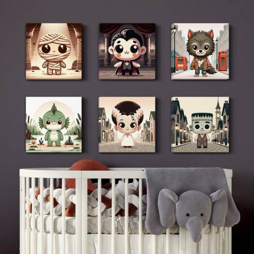 6pk Cute classic monsters nursery art, monsters wall art, baby, cute kids art, scary, halloween, movie