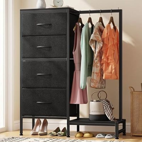 Tall Dresser 44''H with Hanging Rack, 4 Drawers Small Closet Dresser for Bedroom, Reversible Fabric Chest of Drawers with Clothes Rack, Tall Storage Tower, Sturdy Frame, Black