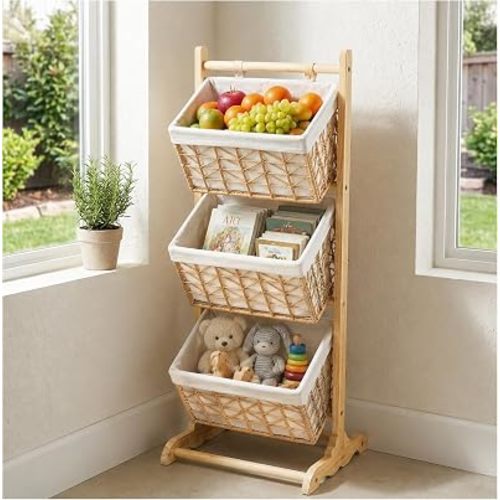Three-Tier Floor-Standing Storage Rack, Hand-Woven Storage Basket, Vertical Storage Rack, Retail Display Rack Diaper Storage Suitable for Bathroom, Kitchen, Laundry Room, Living Room
