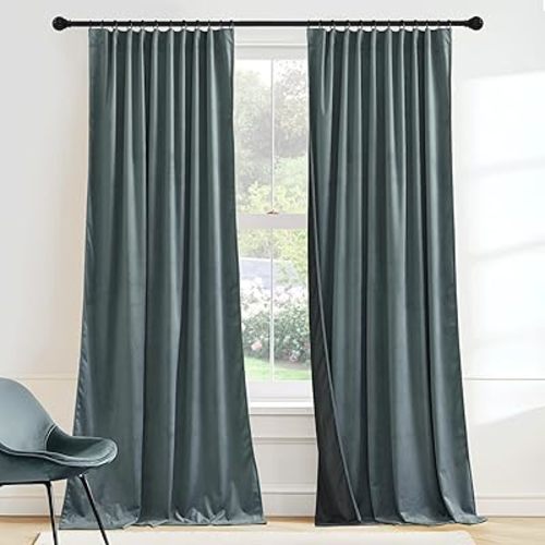 RYB HOME Dusty Blue Velvet Drapes for Baby Boy Bedroom, Thermal Insulated, Light Blocking, Floor-Length Velvet Curtains with Hook Belt for Modern Home Decor, 52" W x L84 L, 2 Panels Set
