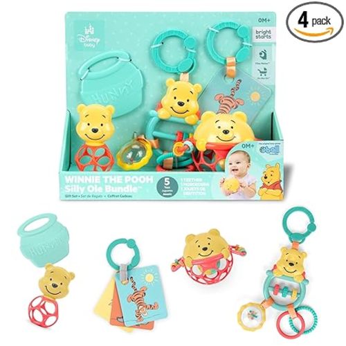 Bright Starts Disney Baby Winnie the Pooh Silly Ole Bundle Gift Set, 5-Piece Sensory Toy Set with Rattle, Teether, Oball & Flash Cards, Developmental Baby Toys 0–12 Months, Newborn Gift