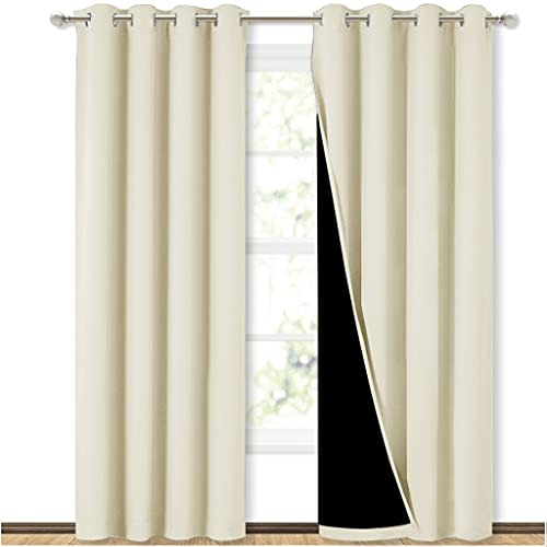 NICETOWN Living Room Completely Shaded Draperies, Privacy Protection & Noise Reducing Ring Top Drapes, Black Lined Insulated Window Treatment Curtain Panels (Beige, 2 Pieces, W52 x L84)
