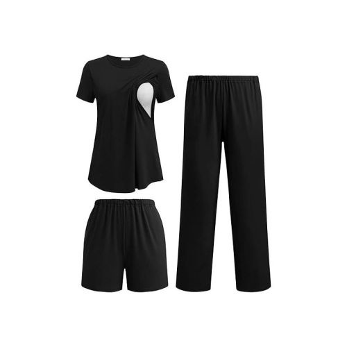 Ekouaer 3 Piece Maternity Pajamas Set Postpartum Nursing Short Sleeve Breastfeeding Sleepwear Pregnancy Shorts & Pants Pjs Black L