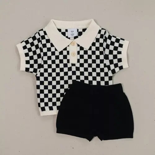 Kids Reese Checkered Knit Collared Short Sleeve Set Black 12-18M - Olive + Scout