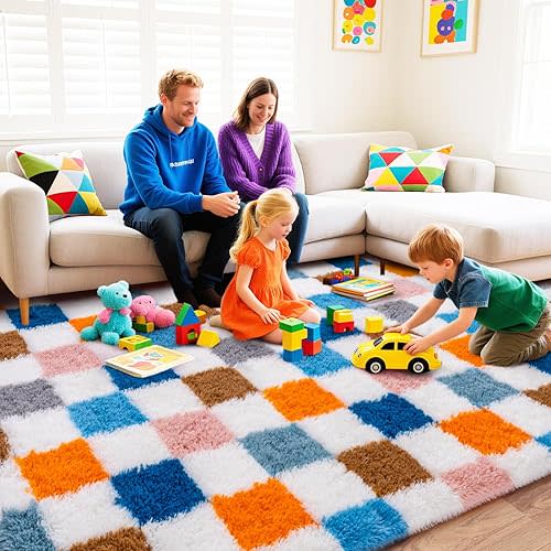 Checkered Rug 5x7 for Bedroom, Ultra Shag Large Rainbow Area Rug for Living Room, Modern Plush Soft Upgrade Non-Slip Fluffy Fuzzy Carpet for Kids Girls Room, Dorm Home Decor