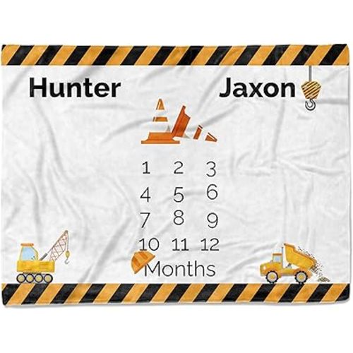 MDPrints Global Personalized Twin Milestone Blanket, Custom Monthly Baby Blankets with Name for Boys and Girls, 30x40 & 50x60inch Soft Plush Fleece (Tractor 536)