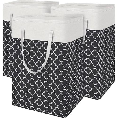BlissTotes 3-Pack Laundry Basket, Freestanding＆Waterproof Laundry Hamper, Collapsible Tall Clothes Hamper with Easy Carry Handles for Clothes, Towels in the Family and Dorm,Clover Black,88L
