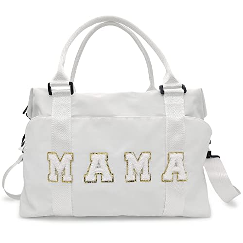 Chenille Letter Duffle Bag, Mama Bag With Patches, Nylon Chenille Letter Embroidered Travel Bag, Lightweight Adjustable Mom Hospital Bag With Zipper for Mothers Day Gifts