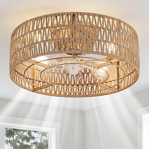 Boho Caged Flush Mount Ceiling Fan with Lights and Remote Control