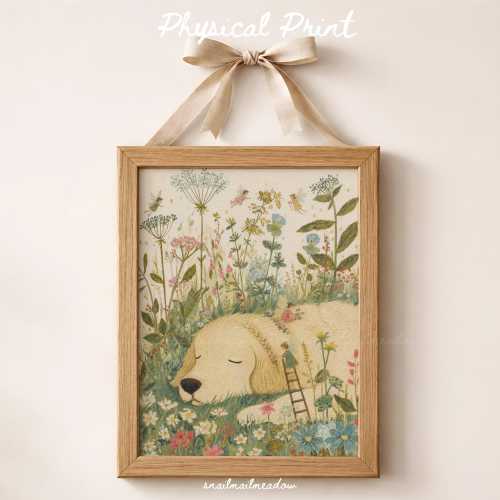 Golden Retriever and Fairies Art Print, Whimsical Dog Decor, Cottagecore Nursery Artwork, Dog Lover Gift (Printed Poster)