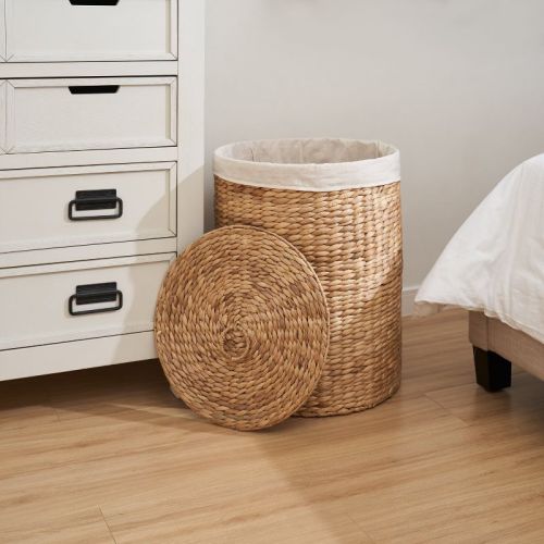 Ludmilla Round Tall Water Hyacinth Woven Wicker Laundry Hamper with Lid