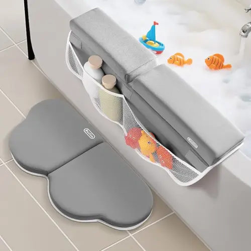 Roslim Bath Kneeler and Elbow Rest Pad Set - Quick Dry Soft Bath Mat Bundle - Non-Slip Durable Foam Kneeling Pads for Bathing, Tub Arm Rest with Toy Storage Pockets - Machine Washable, Grey
