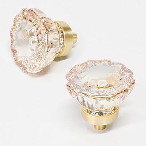 10pcs Cabinet Knobs, Crystal Drawer Knobs, 1.4" Diameter Glass Handles for Kitchen, Bathroom (Flower Champagne)