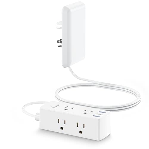 Flat Extension Cord with Outlet Cover, Olcorife Flat Plug Power Strip with 6 Outlets and 3 USB Ports, 2000 Joules Surge Protector, 10 FT Cord Hidden Outlet Extender for Tight Spaces