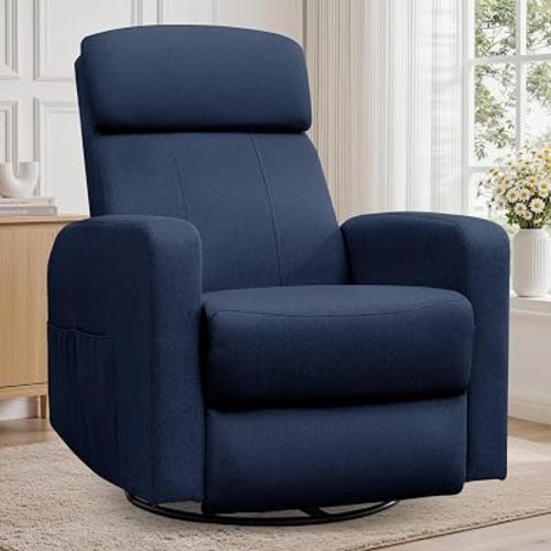 Korser Power Recliner Chair for Adults, Swivel Rocker Recliner with USB Ports, Nursery Rocking Chairs with Side Pockets, Electric Recliner Nursery Glider for Living Room & Nursery, Linen Fabric, Blue