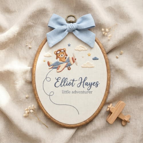 Vintage Pilot Bear Custom Name Sign, Airplane Baby Boy Room Wall Decor, Embroidered Travel Theme Hoop Art, Aviation Pregnancy Mom To Be Gift