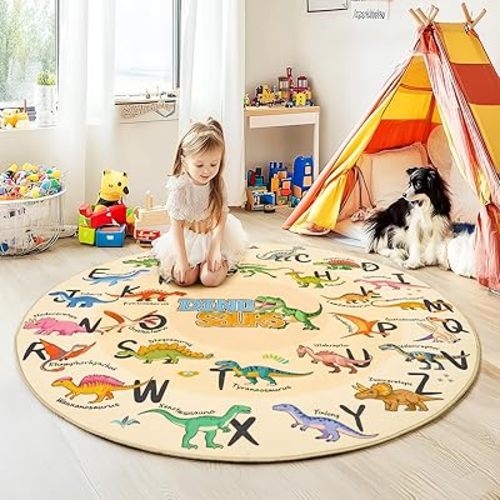 Kids Rugs for Playroom, 5'x5' Round Educational Rug for Learn The ABC Alphabet, Soft Machine Washable Non-Slip Cute Dinosaur Carpet for Classroom Toddler Nursery Kids Room Decor Mat, Beige