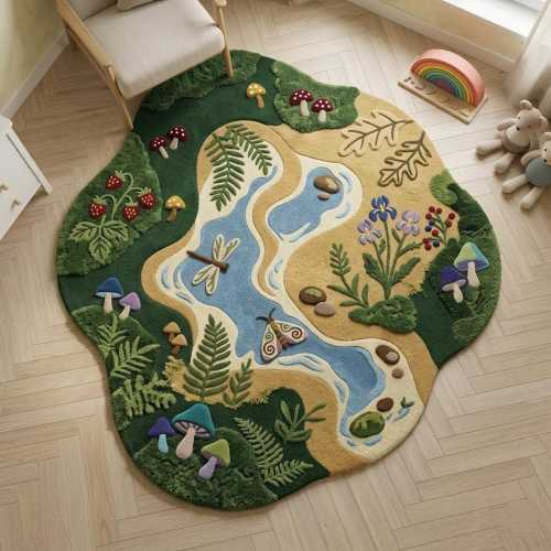 Montessori Kids Rug Forest Theme Hand Tufted Wool Nursery Playroom Soft Area Decor