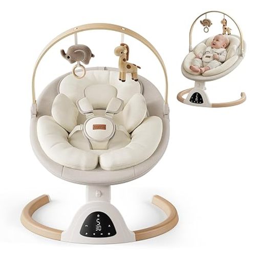 Baby Swings for Infants, TinyGlow Baby Swing, Electric Baby Swing with Remote Control, Portable Infant Swing for Indoor & Outdoor Use (Beige)