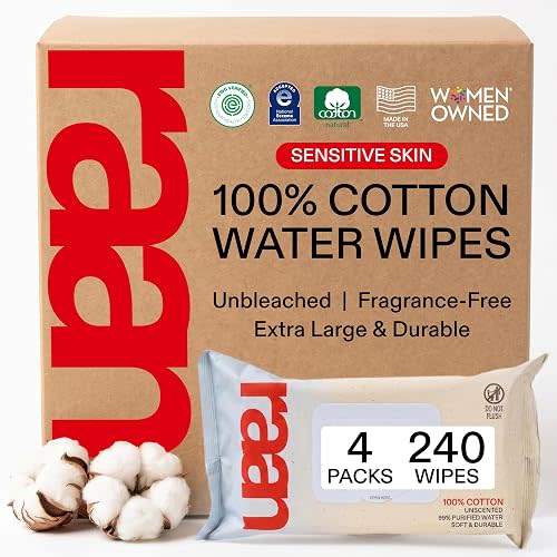 Raan, 100% Cotton Baby Wipes, Unbleached, 99% Purified Water, Unscented, EWG verified, For Extra Sensitive Skin, Naturally Soft and Durable, 4 pack, 240 Count