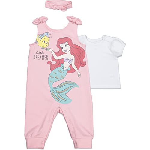 Disney Princess Belle Cinderella Ariel Baby Girls Romper T-Shirt and Headband 3 Piece Outfit Set Newborn to Infant
