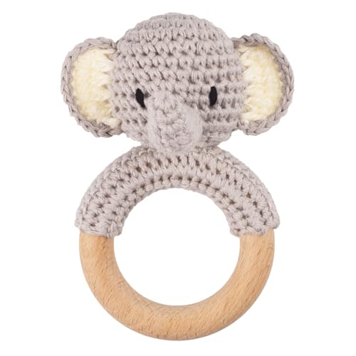 Joliecraft Safari Animals Wooden Baby Rattle Toys Stuffed Crochet Rattle with Teether Ring for Newborn, Gray Elephant