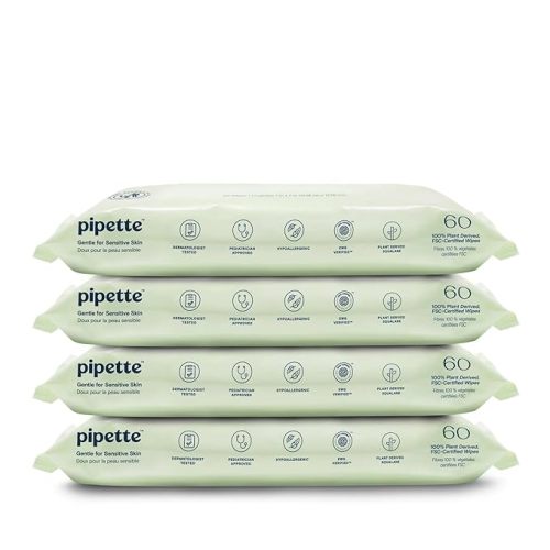 Pipette Water-Based Baby Wipes, 240 Count (Pack of 4), Fragrance‑Free & Gentle, Made with 100% Plant‑Derived Fibers, Squalane‑Infused for Soft, Moisturized Skin