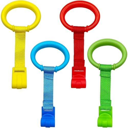 4 Pcs Baby Playpen Pull up Rings, 4 Color Baby Crib Pull up Rings