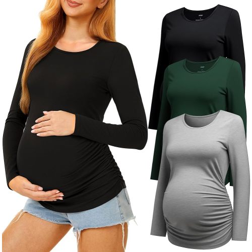 3 Pack Maternity Shirts Long Sleeve Pregnancy Top for Women with Crew Neck Casual Tee Shirts