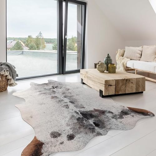 Cowhide Rug 4.6 x 5.2 Feet, Cow Hide Durable No-Slip Backing, Faux Cowhide Rug Thickened Elastic, for Bedroom Living Room Home Office Western Decor