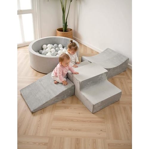 HOFISH Foam Playset with Ball Pit for Toddler Children, Playset Designed Easy to Clean or Install, Children Indoor Active Climbing Crawling and Playing -(Balls NOT Included) (Light Gray, 5PCS)