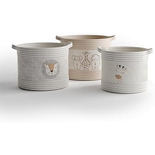 RGI Home Decorative Storage Baskets with Safari Animal Prints – Set of 3 Round Fabric Rope and Linen Organizer Bins for Nursery or Playroom, Multi-Sized with Easy-Carry Handles, Ivory, Tan, and Linen