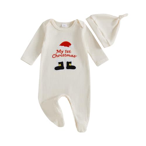 FYBITBO My First Christmas Baby Boy Outfit Newborn Boy Girl Santa-Capped Christmas Footie Romper Onesie Xmas Clothes