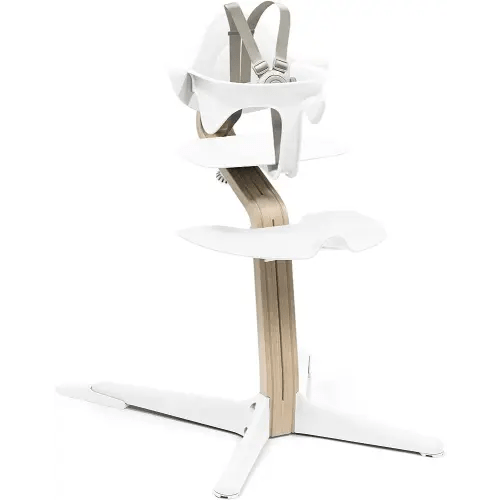 Stokke Nomi High Chair, White/Natural - Inspires Active Sitting - Tool-Free, Seamless Adjustability - Includes Baby Set with Removable Harness for Children 6-24 Months