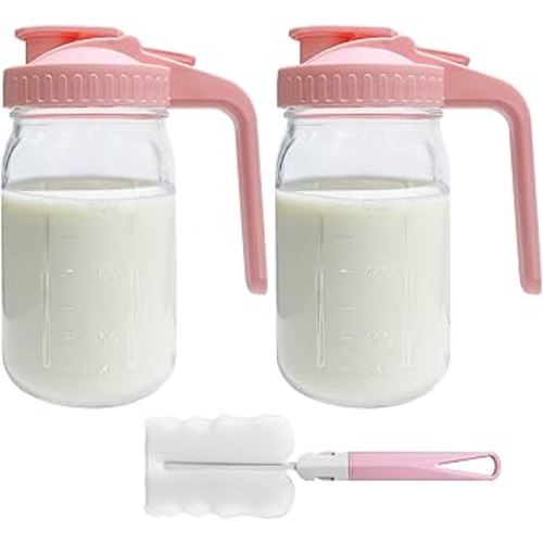 2 PACK Breast Milk Pitcher 32OZ Glass Breastmilk Pitcher with Lids Leak-proof Wide-mouth Mason Jar for Breastmilk, Resistant to Heat or Cold, Freezer-safe(Pink)