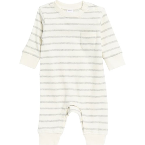 Baby Easy Pocket Cotton Romper, 6M, Ivory Egret- Grey Stripe