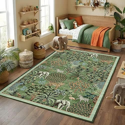 GarveeHome Jungle Animal Print Rug 5x7 Washable Area Rugs for Living Room, Forest Rug Non Slip Low Pile Stain Resistance Large Throw Carpet for Bedroom Dining Room Kids Playroom Nursery, Forest Green