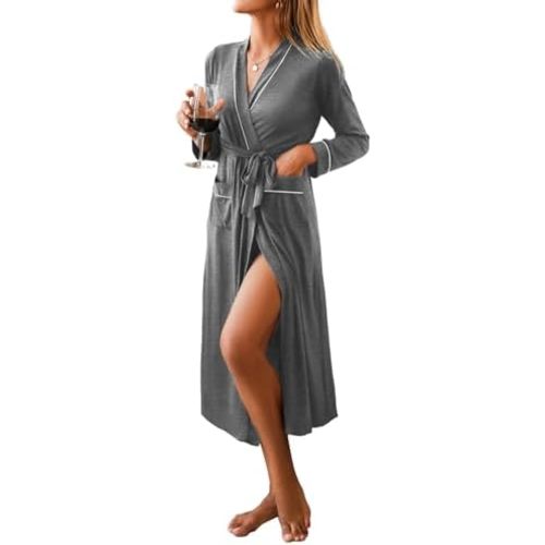 Ekouaer Women Kimono Robes Full Length Knit Bathrobe Lightweight Soft Sleepwear V-neck Casual Ladies Loungewear S-XXL