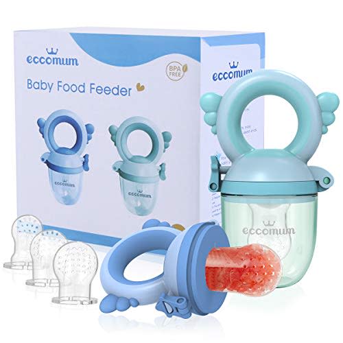 Eccomum Baby Food Feeder/Fruit Feeder Pacifier (2 Pack) - Infant Teething Toy Teether in Appetite Stimulation, 3 Sizes of Nipple for Replacement, Blue/Green