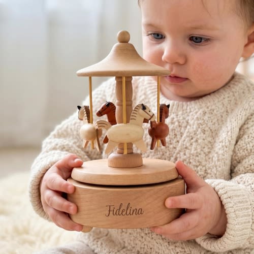 Wooden Ballerina Carousel Music Box, Engraved Keepsake,Personalized Baby Name Gift,Baby Shower Gift, Wooden Nursery Decor