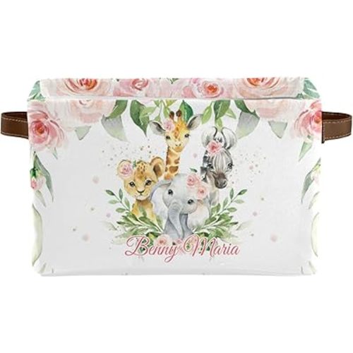 Jungle Animal Safari Floral Personalized Storage Bins Basket Cubic Organizer with Durable Handle for Shelves Wardrobe Nursery Toy 1 Pack