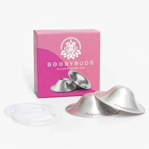 BoobyBuds The Original Silver Nursing Cups & Silicone O-Ring - Nipple Shields for Nursing Newborns - 100% Pure 999 Silver - Soothe and Protect Sore Nipples - Essential for Breastfeeding Mothers (999 Silver Regular Silicone Rings)