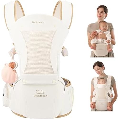 Bebamour Baby Carrier with Hip Seat,All-Position Breathable Mesh Hip Seat & Carrier 0-36Months with Head Hood, 3 PCS Teething Pads, Waist Extender,Storage Bag & Pacifier Case(Khaki)