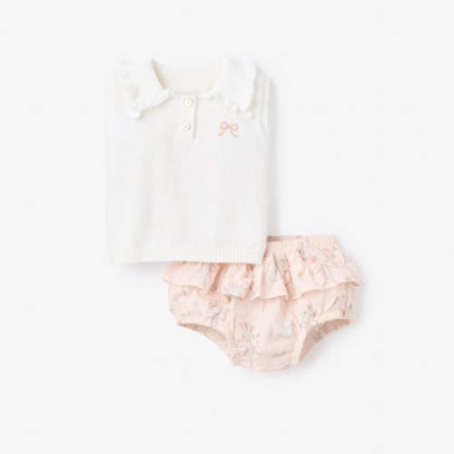 Fleur de Provence Knit Polo + Swiss Dot Bloomer Set – Elegant Baby