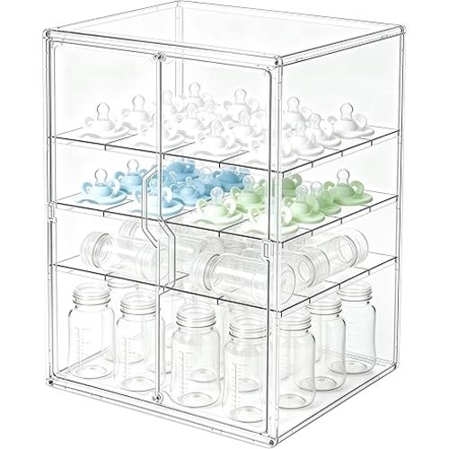 Baby Bottle Organizer, 4-Tier Large Capacity Bottle Storage for Countertop with Double Magnetic Doors, Clear Bottle Station Organizer with 3 Adjustable Dividers for Baby Pacifiers, Pump Parts