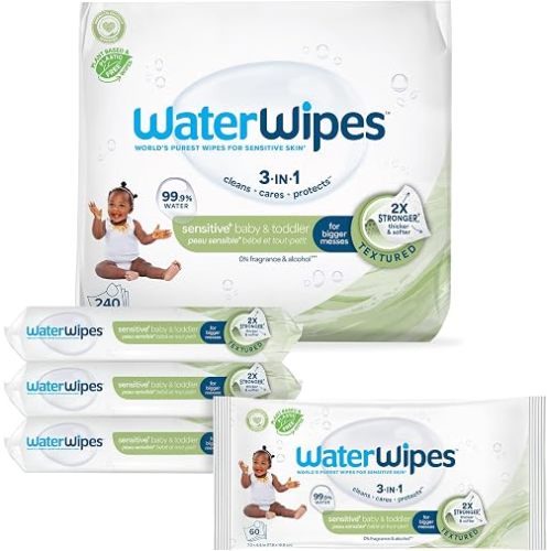 WaterWipes Sensitive+ Baby & Toddler Wipes, 3-In-1 Cleans, Cares, Protects, 99.9% Water, Textured Clean, Unscented & Hypoallergenic, 240 Count (4 Packs)