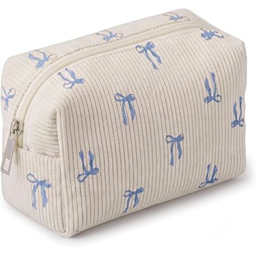 Dansydaisy Small Makeup Bag for Purse Corduroy Cute Cosmetic Bag Blue Bow Makeup Pouch with Zipper for Women Girl Travel Toiletry Coquette Mini Pouch Lipstick Cosmetic Accessories Organizer